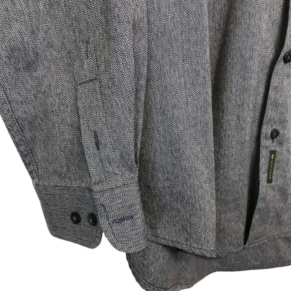 Dockers Mens Medium Grey Herringbone Button Down Shirt 100% Cotton Long Sleeve